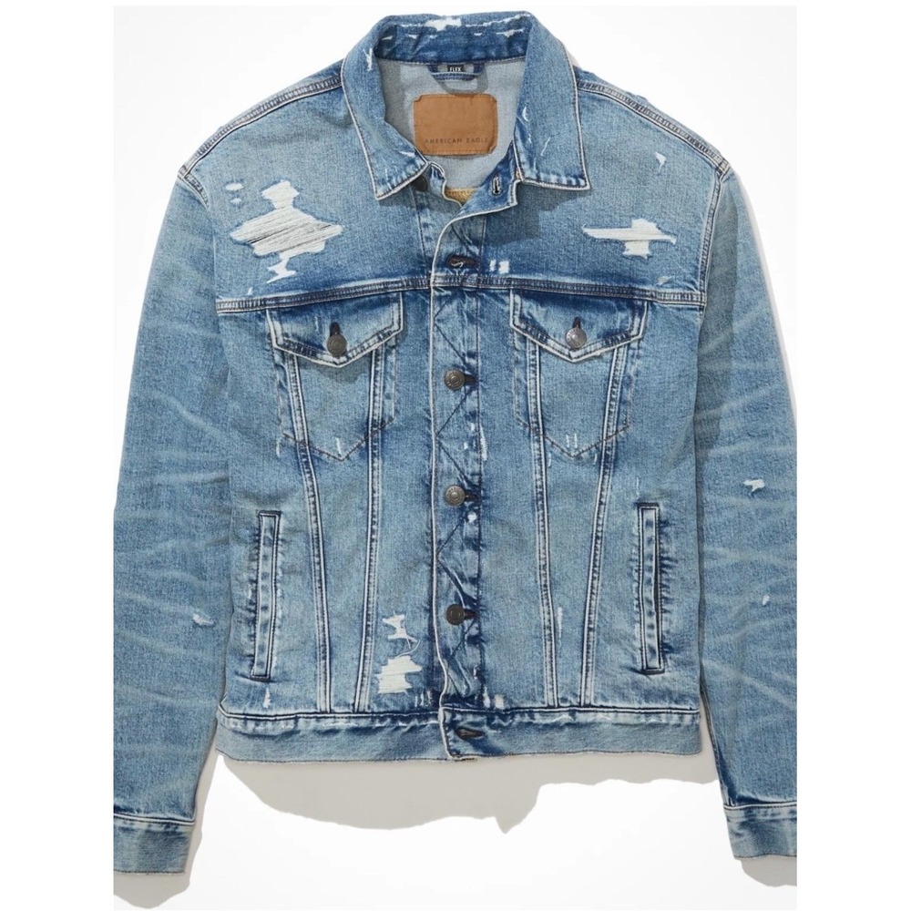 American Eagle Flex Distressed Denim Trucker Jacket Light Wash Small Stretch